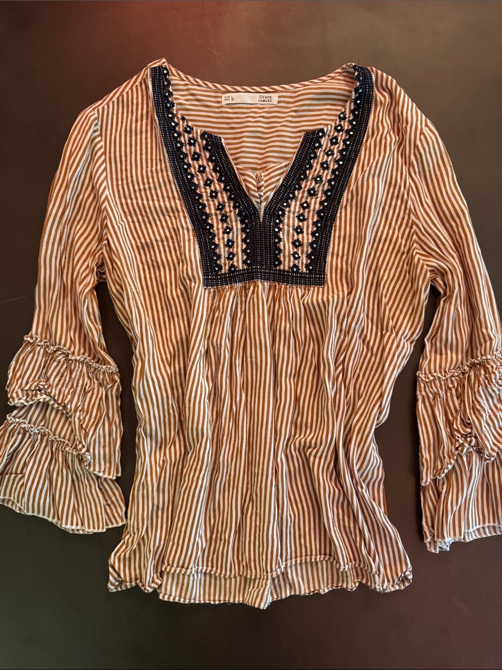 Embroidered V-Neck Striped Peasant Blouse - Rust/White